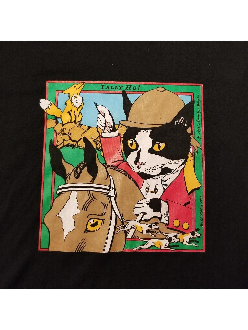 Rare Vtg 90s Tally Ho! Puss Boots Cat Horse Riding Portrait Shirt Black Mens L - Picture 1 of 7